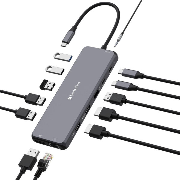 Hub USB Verbatim Multi Port CMH-13: 2x USB-C PD, 1xUSB-A 3.1, 3xUSB-A 3.0, 2xUSB-A 2.0, 2xHDMI, DisplayPort, RJ-45, audi