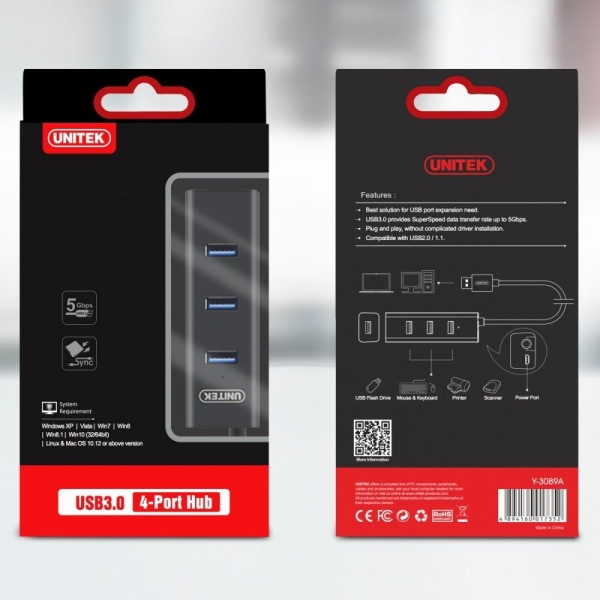 Unitek Y-3089 hub 4x USB 3.0 retail-26538642