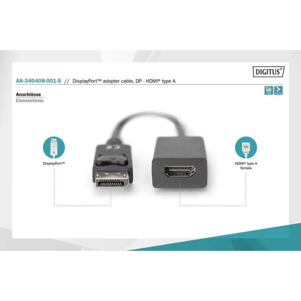 Kabel adapter DIGITUS DisplayPort, DP-HDMI typA, M/Ż 0,15m-26542041