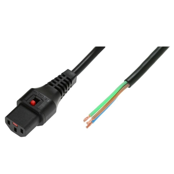 Kabel zasilający do zarobienia blokada blokada IEC LOCK 3x1mm2 OPEN/C13 prosty M/Ż 2m Czarny