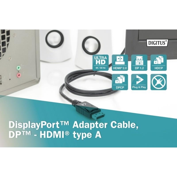 Kabel adapter DIGITUS DisplayPort 1.2 4K 60Hz UHD Typ DP/HDMI A M/M czarny 2m-26593639