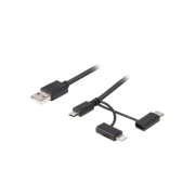 Kabel 3in1 USB AM - micro USB BM + Lightning M + USB CM 2.0 czarny PVC (tylko ładowanie) 1,8m
