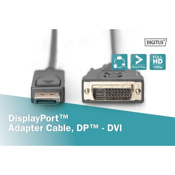 Kabel adapter DIGITUS DisplayPort z zatrzaskiem 1080p 60Hz FHD Typ DP/DVI-D (24+1) M/M 2m-26604632