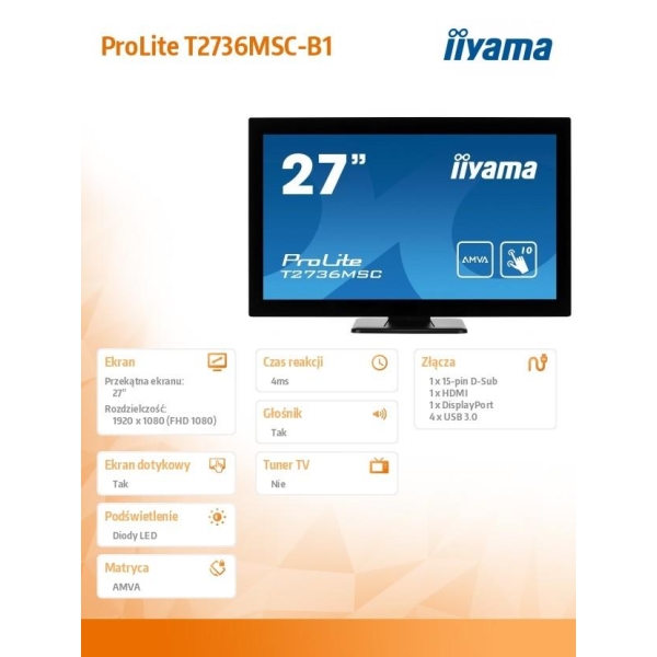 Monitor 27 T2736MSC-B1 AMVA, 10pkt, pojemnościowy, HDMI, DP, USB-26607460