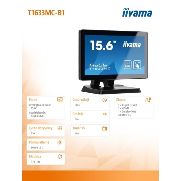 Monitor 16 cali T1633MC-B1 pojemnościowy 10pkt,IP54,TN,USBx2,DP,HDMI,VGA-26668976