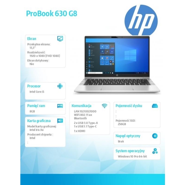 Notebook ProBook 630 G8 i5-1135G7 256/8G/W10P/13,3 3S8N4EA-26687407