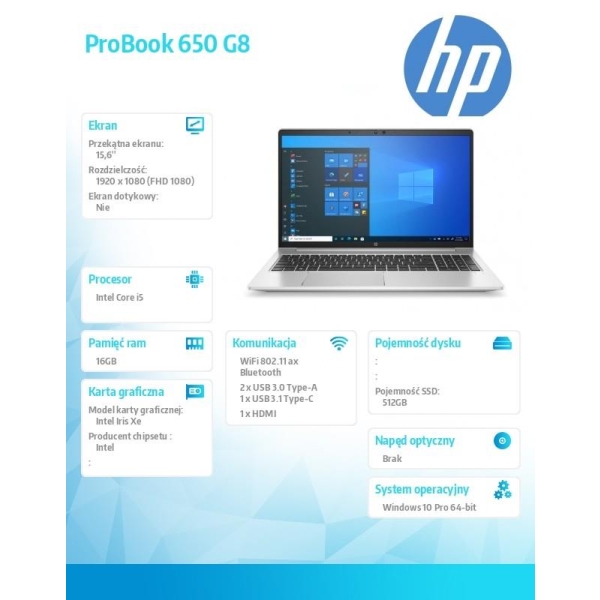 Notebook ProBook 650 G8 i5-1135G7 512/16/W10P/15,6 3S8T4EA-26687419