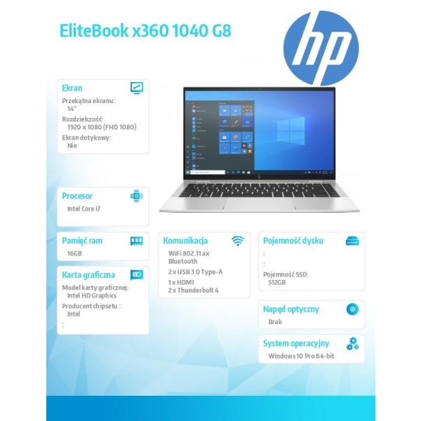 Notebook EliteBook x360 1040 G8 W10P/14 i7-1165G7/512/16 401J2EA-26687482