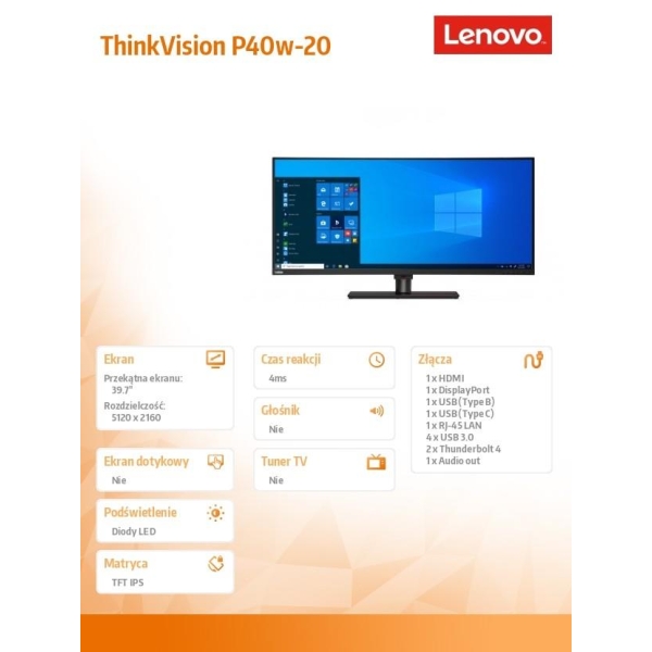 Monitor 39.7 cala ThinkVision P40w-20 Ultra-Wide Curved LCD 62C1GAT6EU-26688841