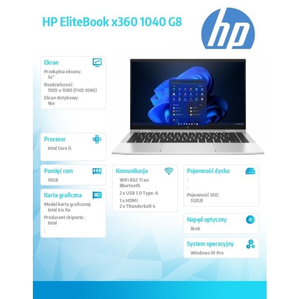 Notebook EliteBook x360 1040G8 W10P/14.0/i5-1135G7/512GB/16GB 336L6EA-26712448
