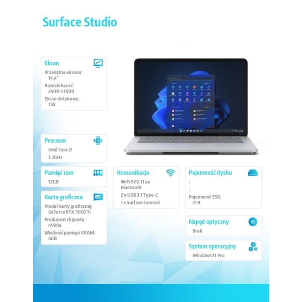 Surface Laptop Studio Win11Pro i7-11370H/32GB/2TB/RTX3050Ti 4GB/14.4 cala Commercial Platinum AI5-00009-26721594