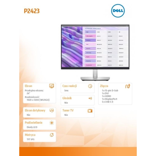 Monitor P2423 24 cale IPS LED WUXGA (1920x1200)/16:10/HDMI/DVI/VGA/DP/5xUSB 3.2/3Y AES&PPG-26729664