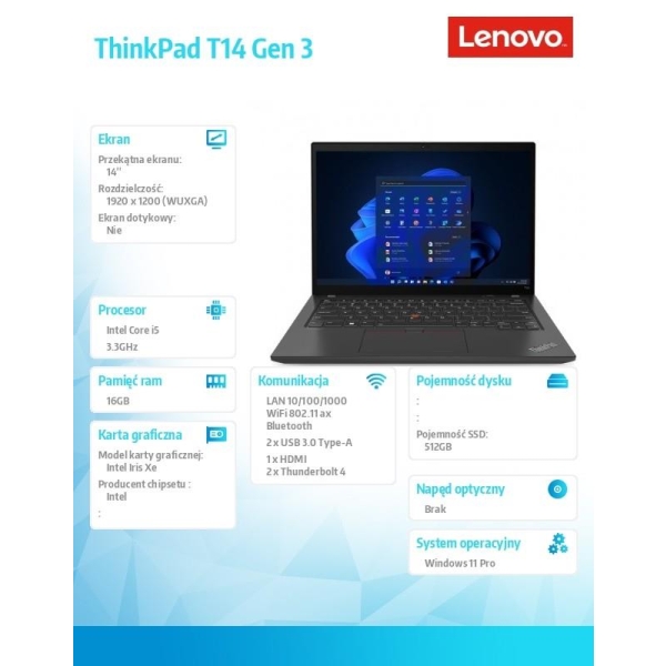 Ultrabook ThinkPad T14 G3 21AH007VPB W11Pro i5-1240P/16GB/512GB/INT/14.0 WUXGA/Black/3YRS Premier Support-26737558