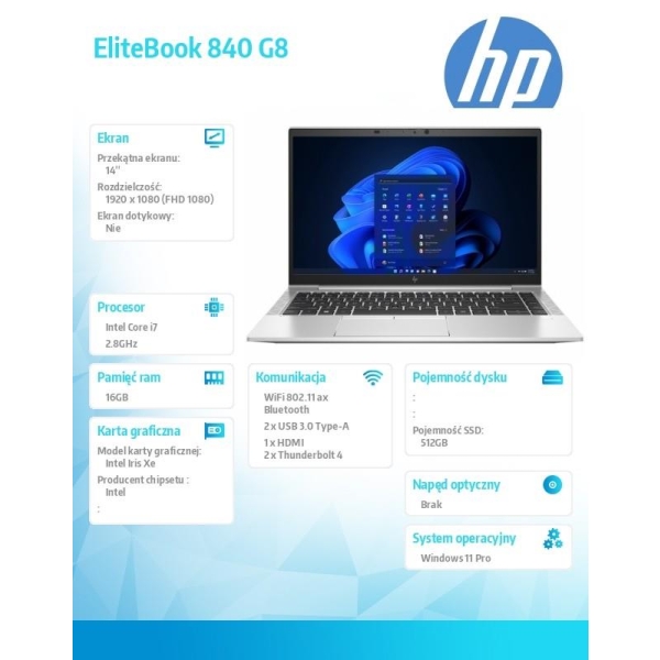 Notebook EliteBook 840 G8 i7-1165G7 512GB/16GB/W11P/14.0  5P6N8EA-26751170
