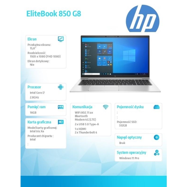 Notebook EliteBook 850 G8 i7-1165G7 512/16/W11P/15,6 5Z689EA-26751221