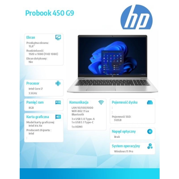 Notebook ProBook 450 G9 i7-1255U 512GB/8GB/W11P/15.6 6A165EA-26753726