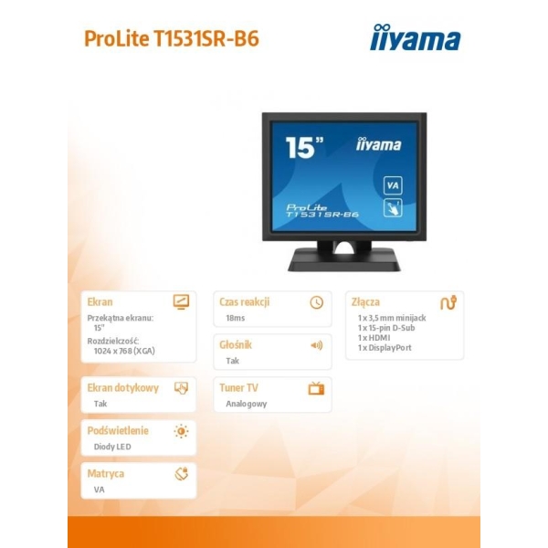 Monitor 15 cali T1531SR-B6 VA,RESISTIVE,HDMI,DP,VGA,IP54,2x1W-26754530