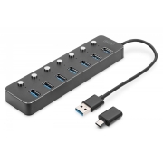 Hub USB 3.0/Koncentrator DIGITUS 7-portowy USB A + adapter USB-C 5Gbps z wyłącznikami aluminiowy aktywny