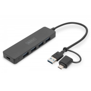 Hub USB 3.0/Koncentrator DIGITUS 4-portowy SlimLine USB A + adapter USB-C 0,2m 5Gbps złącze zasilania USB-C