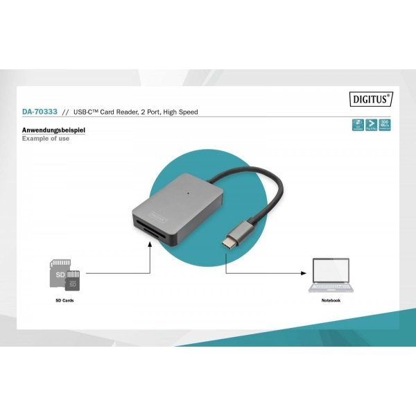 Czytnik kart DIGITUS 2-portowy USB Typ C UHS-II SD4.0 TF4.0 aluminium szary-26802667