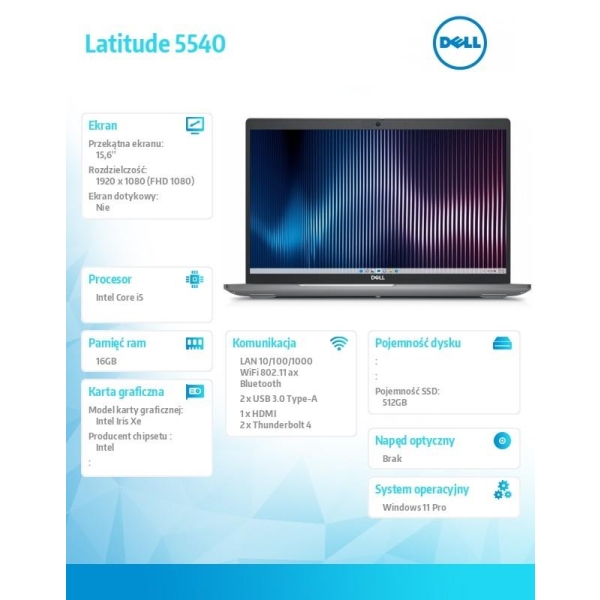 Notebook Latitude 5540 Win11Pro i5-1345U/16GB/512GB SSD/15.6 FHD/Integrated/FgrPr & SmtCd/FHD/IR Cam/Mic/WLAN + BT/Backl