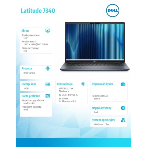 Notebook Latitude 7340 Win11Pro i5-1335U/16GB/256GB SSD/13.3 FHD/Intel Iris Xe/ThBlt & FgrPr & SmtCd/FHD/IR Cam/Mic/WLAN