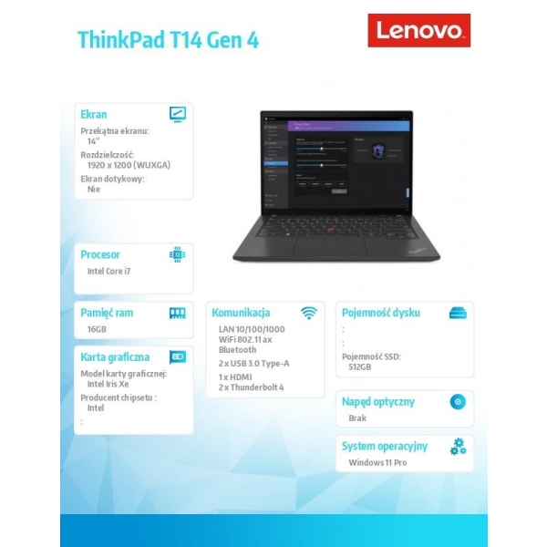 Ultrabook ThinkPad T14 G4 21HD0053PB W11Pro i7-1355U/16GB/512GB/INT/14.0 WUXGA/Thunder Black/3YRS Premier Support + CO2 