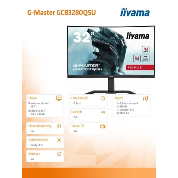 Monitor G-Master 31.5 cala GCB3280QSU-B1 VA,QHD,165Hz,1500R,0.2ms,2xHDMI,2xDP-26826919