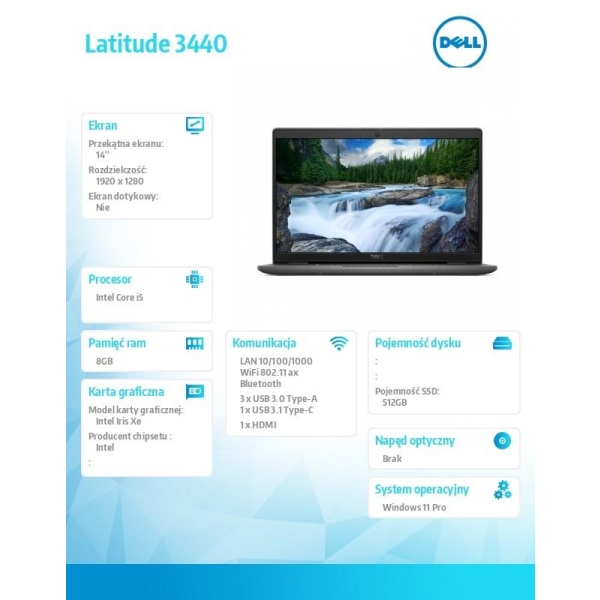 Notebook Latitude 3440 Win11Pro i5-1335U/8GB/512GB SSD/14.0 FHD/Intel Iris Xe/FgrPr/FHD Cam/Mic/WLAN+BT/Backlit Kb/3 Cel