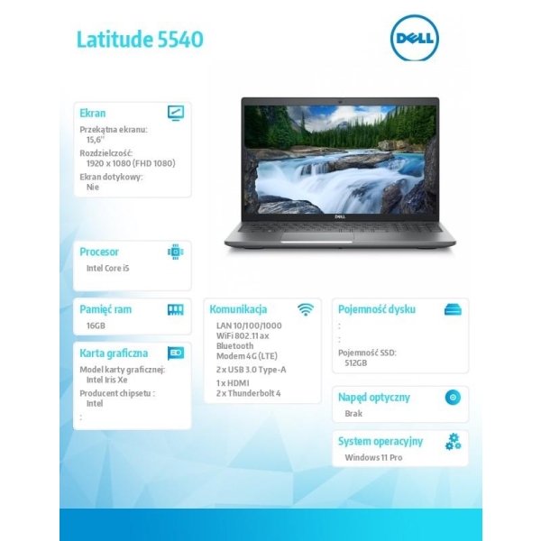Notebook Latitude 5540 Win11Pro i5-1345U/16GB/512GB SSD/15.6 FHD/Integrated/FgrPr & SmtCd/FHD/IR Cam/Mic/LTE 4G+BT/Backl