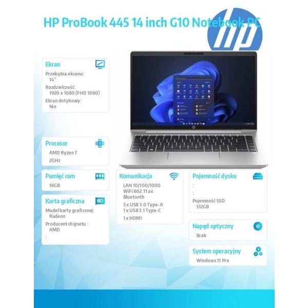 Notebook ProBook 445 G10 R7-7730U 512GB/16GB/W11P/14.0 85D58EA-26838692