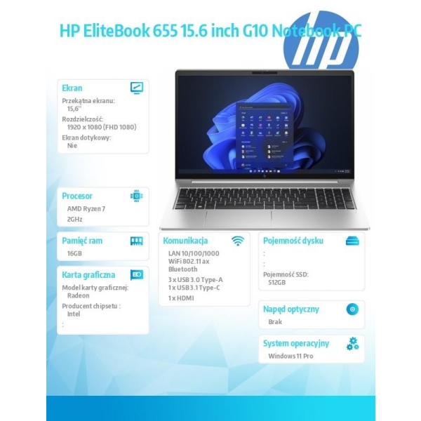 Notebook EliteBook 655 G10 R7-7730U 512GB/16GB/W11P/15.6 85D52EA-26839660