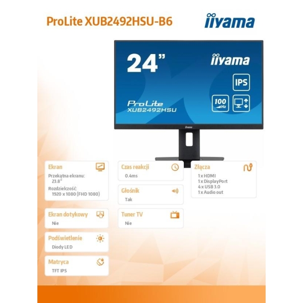 Monitor 23.8 cala XUB2492HSU-B6 IPS,HDMI,DP,100Hz,PIVOT,USB,HAS/150mm-26862898