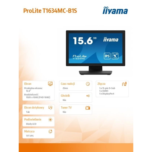 Monitor 15.6 cala T1634MC-B1S IPS,poj.10pkt.450cd,IP65,7H,VGA,HDMI,DP-26863092