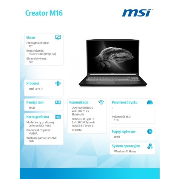 Notebook Creator M16 B12VE-1470PL W11H/i7-12650H/16GB/1TB/RTX4050/16.0-26864499