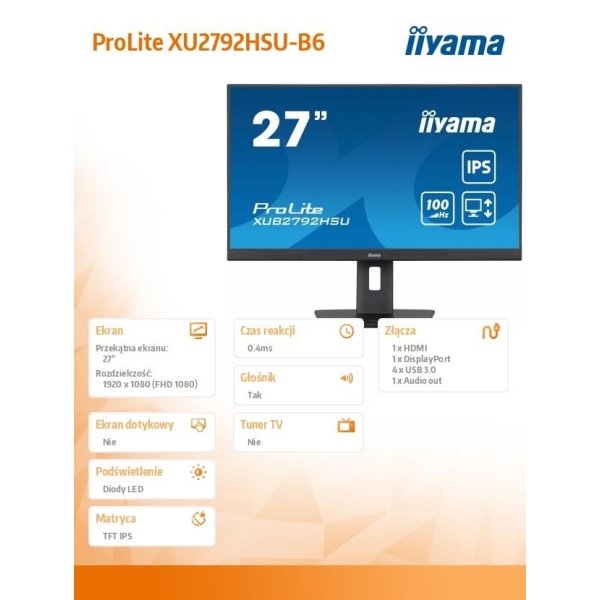 Monitor ProLite XUB2792HSU-B6 27 cali IPS,HDMI,DP,100Hz,SLIM,4xUSB3.2,PIVOT,  HAS(150mm),2x2W-26865735