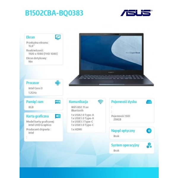Notebook B1502CBA-BQ0383 i3 1215U  8GB/256GB/int/noOS  36 mies gwarancja NBD-26866874