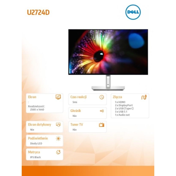 Monitor U2724D 27 cali IPS LED QHD(2560x1440)/16:9/HDMI/DP/USB-C/USB/3Y-26872387