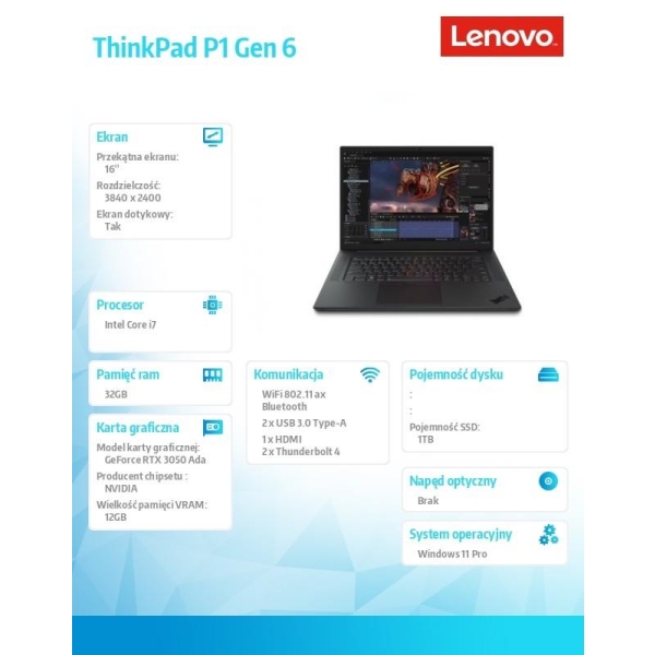 Notebook ThinkPad P1 G6 21FV000HPB W11Pro i7-13800H/32GB/1TB/RTX3500 12GB/16.0 WQUXGA/Touch/3YRS Premier Support-2687466