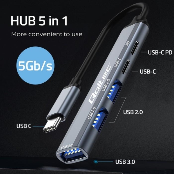 Hub Qoltec adapter USB-C 3.1 5w1 | USB-C PD | USB-C | 2x USB 2.0 | USB 3.0-26879330
