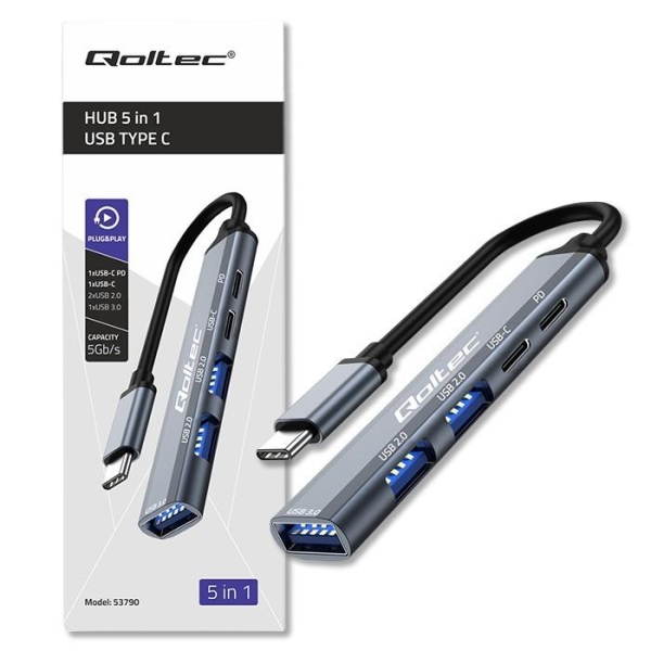 Hub Qoltec adapter USB-C 3.1 5w1 | USB-C PD | USB-C | 2x USB 2.0 | USB 3.0-26879332