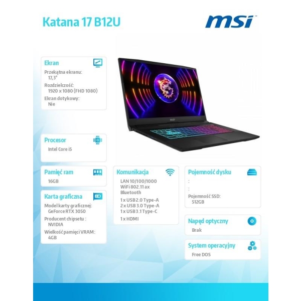 Notebook MSI Katana 17 B12UCRK-1055XPL 17,3