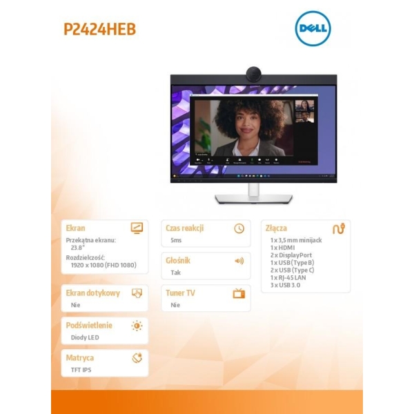 Monitor P2424HEB 23.8 cala LED  IPS Full HD (1920 x1080)/16:9/HDMI/DP/ RJ-45/Kamera/Głośniki/Mikrofon/3YPPG-26883987