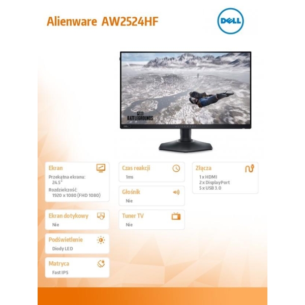 Monitor Alienware AW2524HF 24.5 cala AMD FreeSync Premium 500Hz Full HD (1920x1080)/16:9/DP/HDMI/USB/3Y AES&PPE-27228843