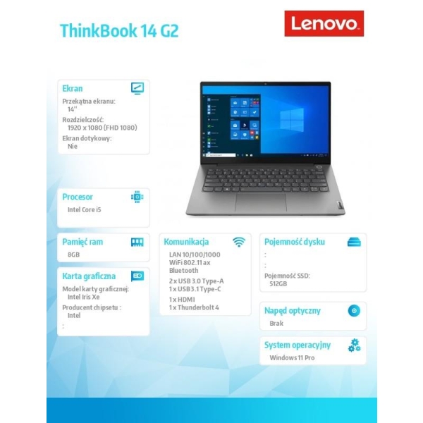 Laptop ThinkBook 14 G2 20VD01FHPB W11Pro i5-1135G7/16GB/512GB/INT/14.0 FHD/Mineral Grey/1YR CI-27286623