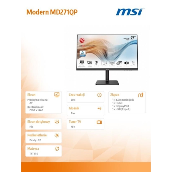 Monitor 27 cali Modern MD271QP FLAT/LED/WQHD/NonTouch/75Hz/czarny-27610125