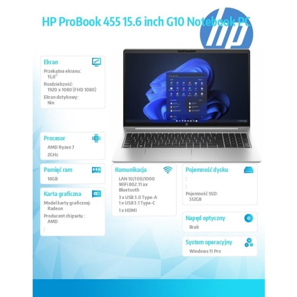 Notebook ProBook 455 G10 R7-7730U 512GB/16GB/W11P/15.6 968R3ET-27612551