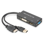 Kabel adapter DIGITUS 3w1 HDMI/USB 4K 30Hz UHD Typ HDMI A/USB na DisplayPort+DVI+VGA czarny 0,2m