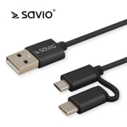 Kabel USB 2.0 Savio CL-128 USB A (M) - Micro USB B (M) / typ C (M) 2w1, 2,1A, 1m, czarny