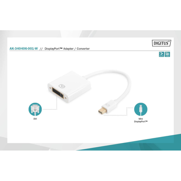 Kabel adapter DIGITUS mini DisplayPort 1080p 60Hz FHD Typ miniDP/DVI-I (24+5) M/Ż biały 0.15m-7841075